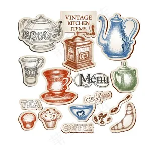 欧美下午茶手绘矢量茶具面包素材