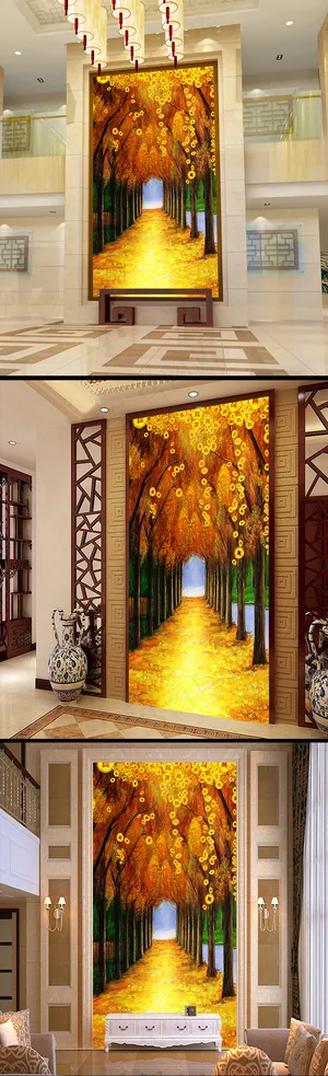 金色林荫大道金钱送福油画高清玄关背...