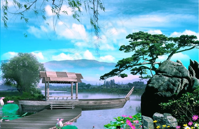 山水风景画图片(3508X2480(DPI:300))psd模版下载