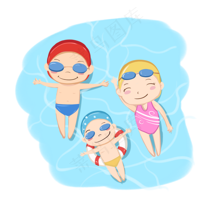 儿童节彩色卡通手绘儿童游泳全家游