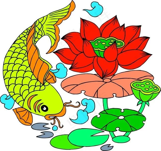 中国元素圆形荷花鲤鱼图