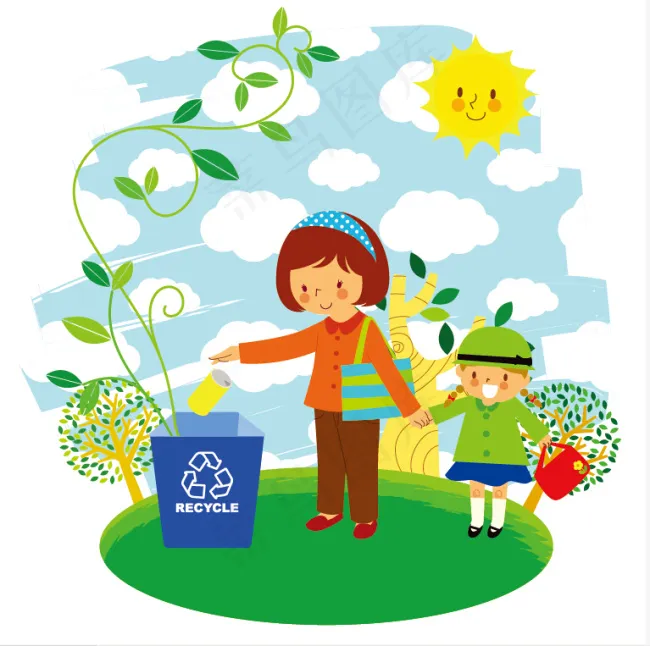 卡通人物妈妈带孩子扔垃圾环保爱护环...eps,ai矢量模版下载