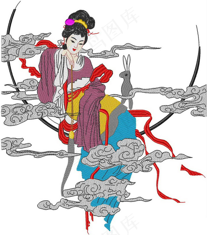 绣花 古代美女 女人 云朵 兔子 ...