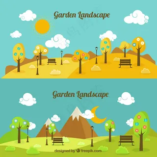 白天和夜晚的花园景观