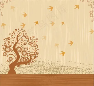 春天复古燕子树纹背景