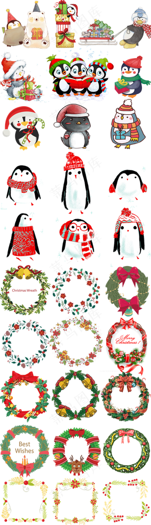卡通清新圣诞节圣诞企鹅圣诞花环设计...