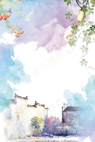 古风彩绘建筑花枝海报背景设计