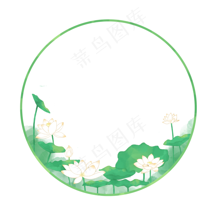 圆形边框水彩水墨白色荷花荷叶(3500*3500px 300 dpi )psd模版下载