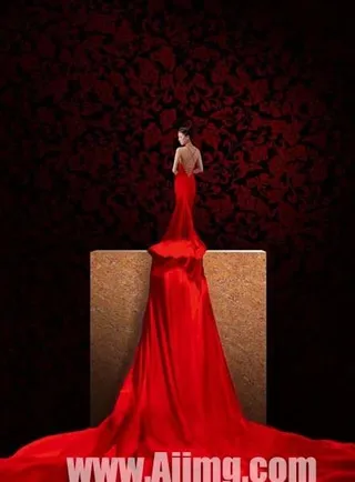 长红裙女人psd素材