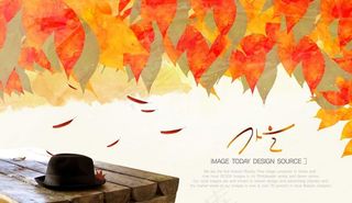 秋天落叶木桌PSD素材