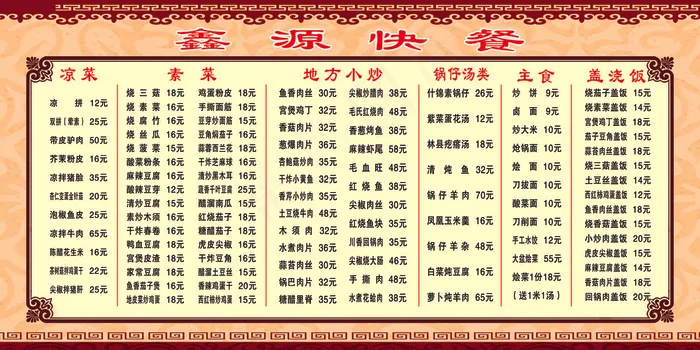 鑫源快餐价格表psd模版下载