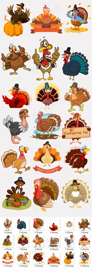 可爱火鸡元素合集卡通手绘小火鸡