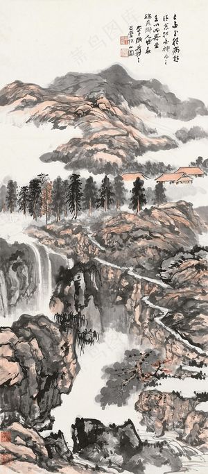 张大千 秋山奔泉图片