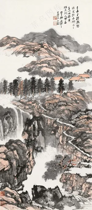 张大千 秋山奔泉图片 张大千 秋山奔泉图片