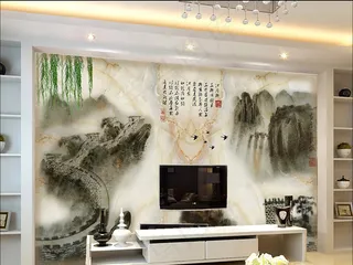 万里长城水墨画背景墙大理石山水画背...