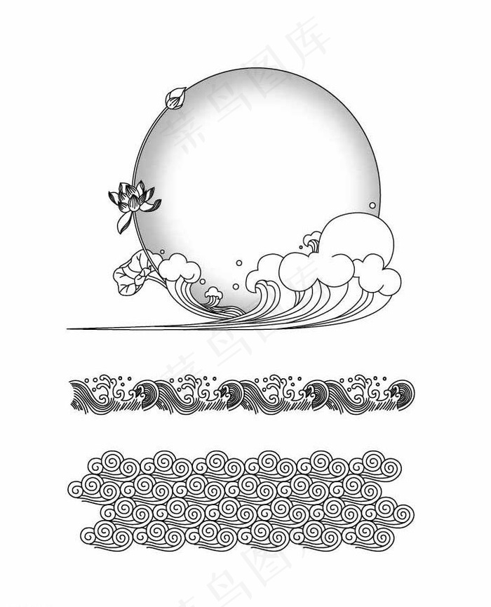 荷花 浪花 古典边框图片ai矢量模版下载