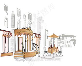 手绘街道咖啡馆素材