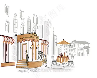 手绘街道咖啡馆素材