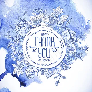 蓝色水彩花卉感恩卡矢量素材