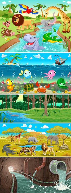 卡通童话森林海底小动物矢量设计