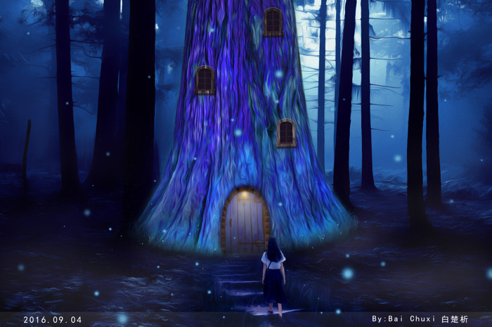 梦幻唯美森林树屋插画(5681X6142(DPI:300))psd模版下载