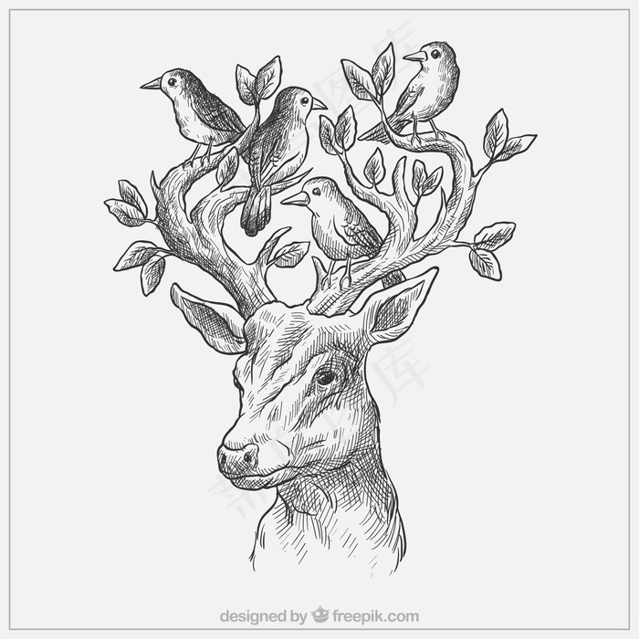粗略的鸟和树叶的鹿