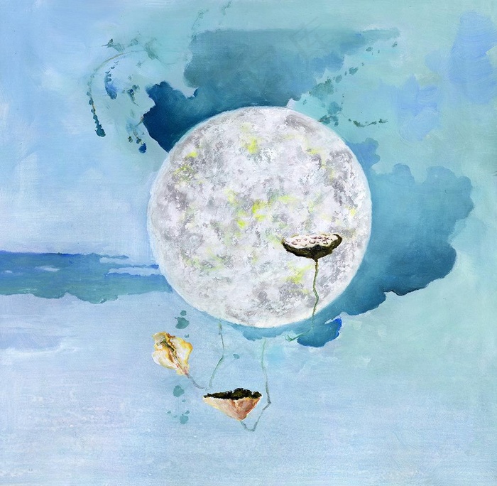圆月莲蓬 油画