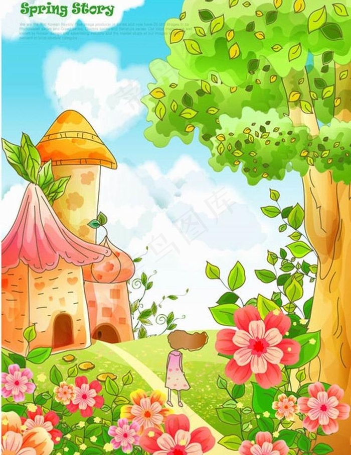 鲜花少女城堡春天背景图片