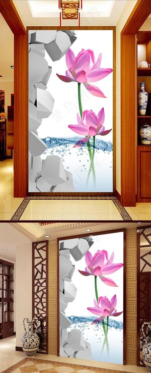 水中荷花3D立体玄关门厅壁画
