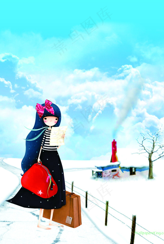 雪地里的卡通美女psd模版下载