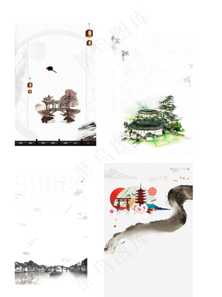 中国风手绘风景旅游海报背景元素