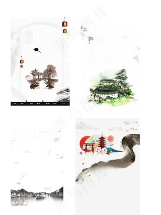 中国风手绘风景旅游海报背景元素
