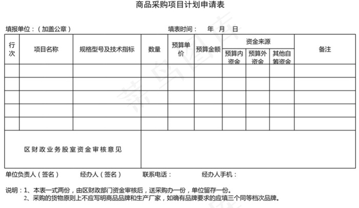商品采购项目计划申请表