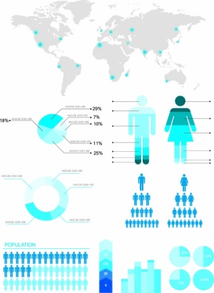 世界地图 蓝色流行柱状图...