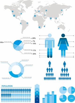 世界地图 蓝色流行柱状图...