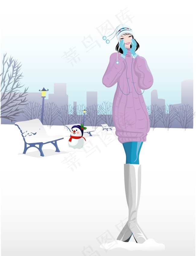 雪地里的女生ai矢量模版下载