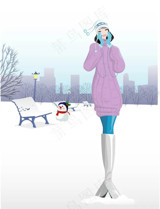 雪地里的女生ai矢量模版下载