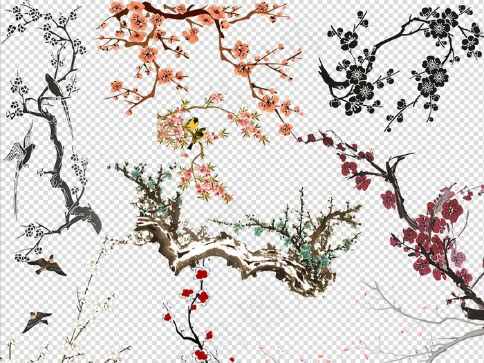 手绘中国风梅花樱花竹子png设计元...(1024X4172(DPI:72))psd模版下载