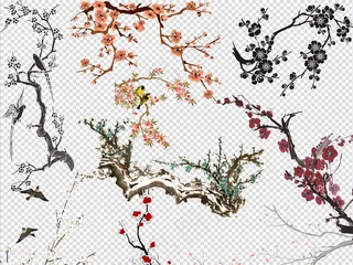 手绘中国风梅花樱花竹子png设计元...