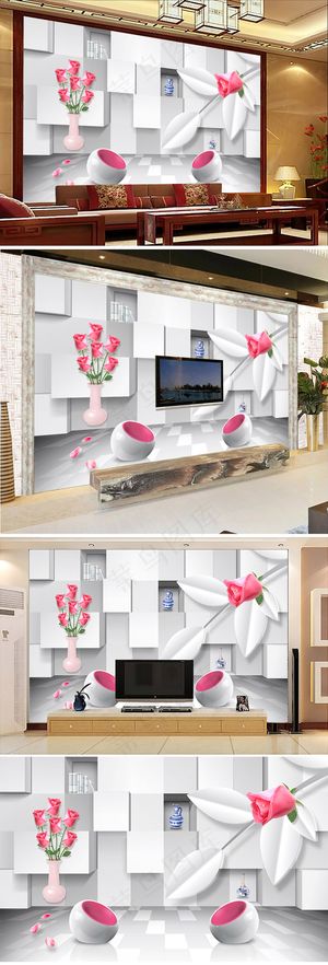 3D立体方格花卉背景墙壁画墙纸电视...