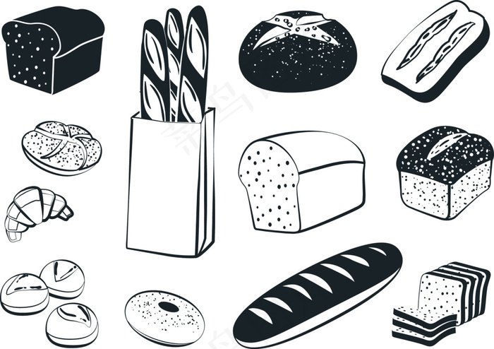 手绘黑白面包图案矢量素材
