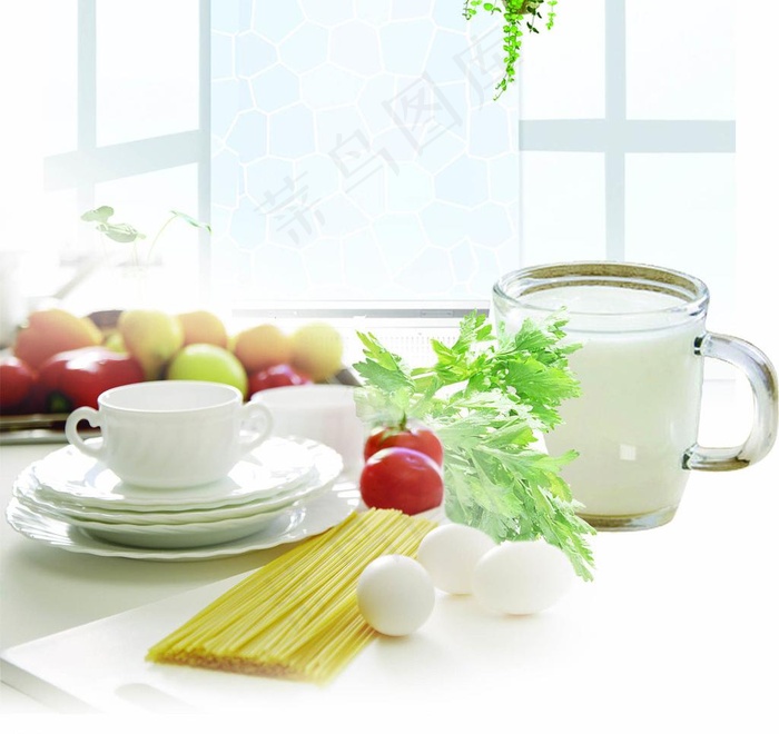 蔬菜 水果 盘子 鸡蛋 牛奶素材图...