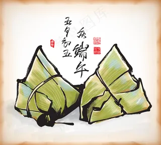 矢量水墨画传统的端午节粽子 饺子翻译：第五日农历