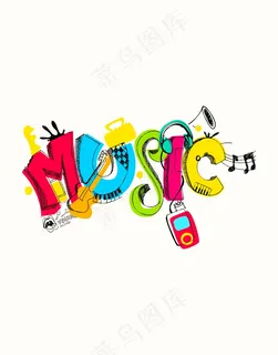 音乐元素英文字体涂鸦插画 音乐元素英文字体涂鸦插画