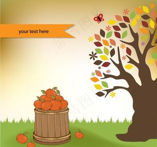秋天绿野花纹树蝴蝶水果图片