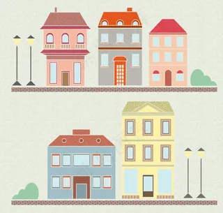 卡通街边建筑设计矢量素材.