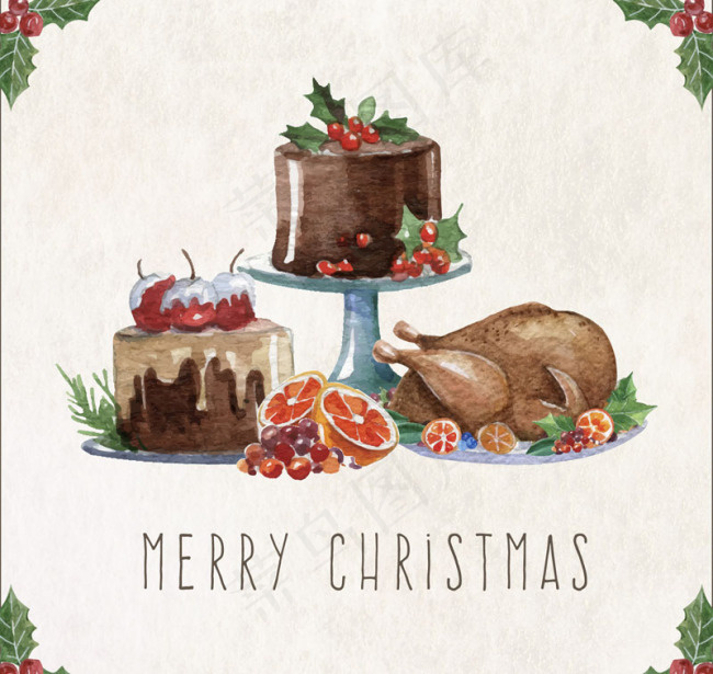 水彩绘圣诞大餐