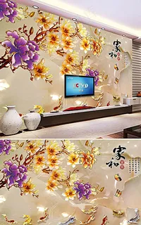 家和富贵兰花彩雕背景墙图片