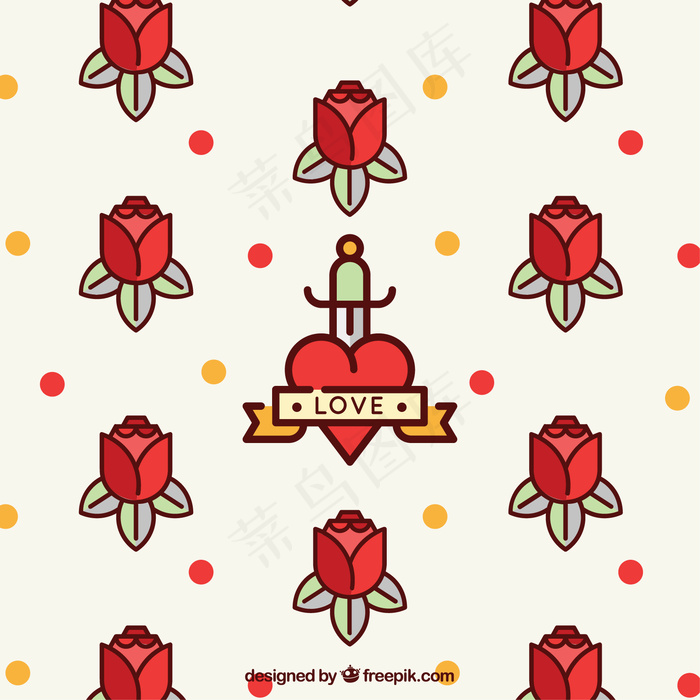 玫瑰和点点背景的平面风格