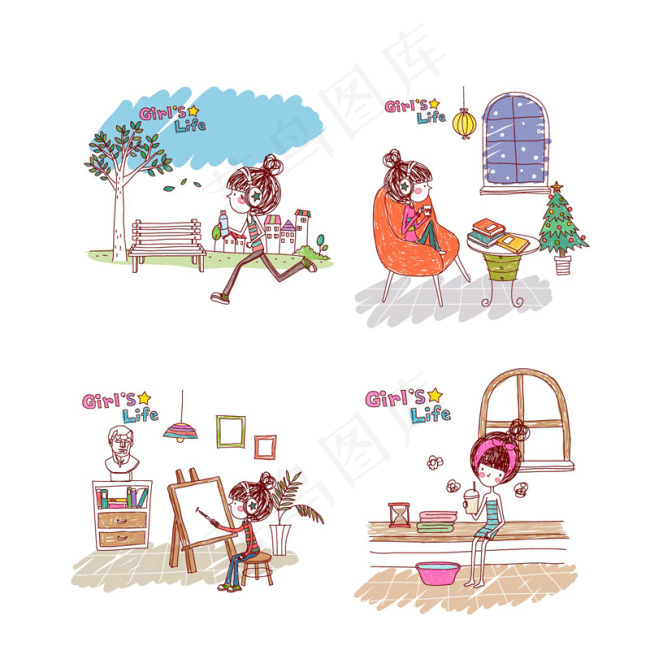 韩式女孩的生活矢量插画